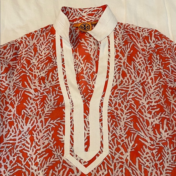 Tory Burch Coral Red and Cream Coral Pattern Tunic - Picture 7 of 11